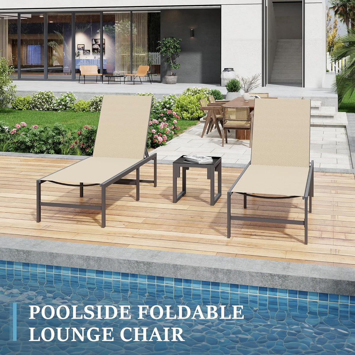 UDPATIO Foldable Patio Lounge Chair Sets with Side Table, No Assembly Outdoor Chaise Lounge with 5-Positions, Poolside Lounge Chairs with Portable Design for Pool, Beach, Deck, Backyard