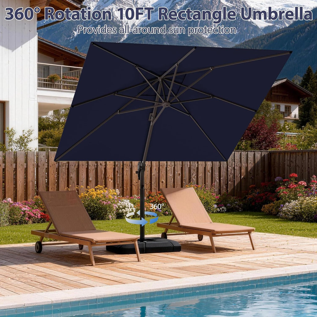 10' X 10' Patio Umbrella Cantilever Outdoor Rectangle Umbrella with Base Included, Heavy Duty 360°Rotation Offset Umbrella for Garden Deck Pool Patio, Navy Blue
