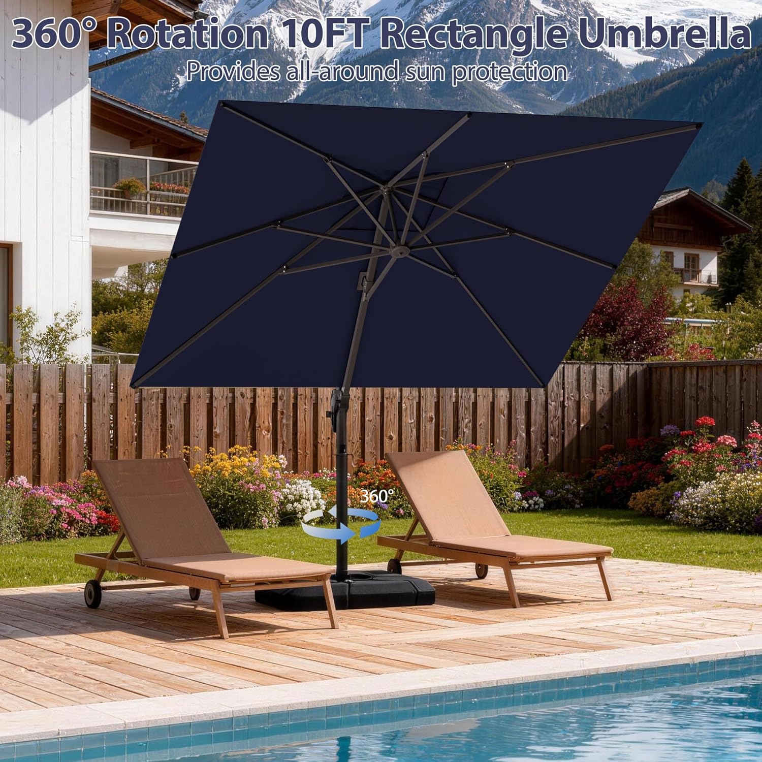 10' X 10' Patio Umbrella Cantilever Outdoor Rectangle Umbrella with Base Included, Heavy Duty 360°Rotation Offset Umbrella for Garden Deck Pool Patio, Navy Blue