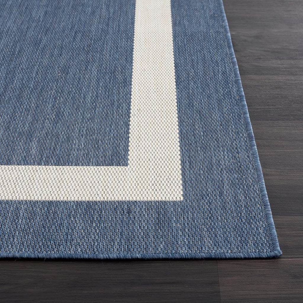CAMILSON Outdoor Rug 9x12, Large Modern Outside Rugs for Patios Porches Waterproof Durable Washable Non-Shedding, Easy-to-Clean Indoor Outdoor Area Carpet (9 x 12, Bordered - Blue/White)