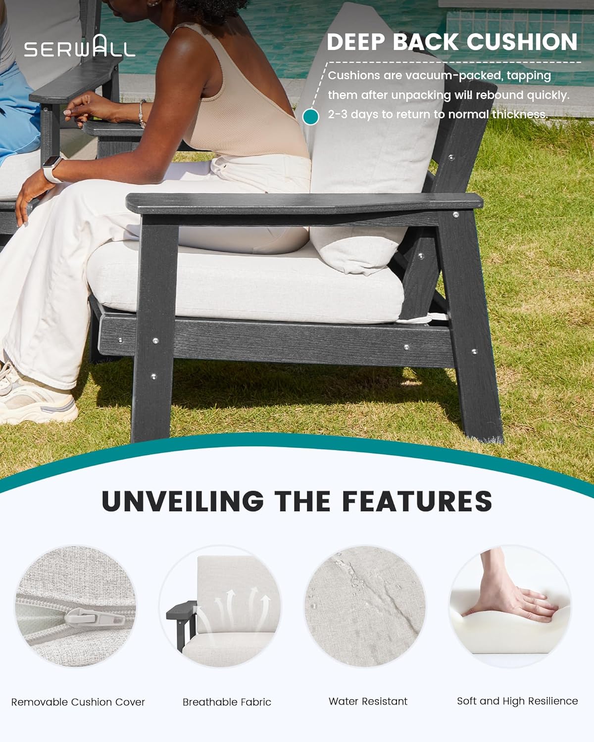 SERWALL HDPE Outdoor Patio Loveseat, All Weather Wood-Like Outdoor Sofa HDPE Outdoor Furniture, Grey Frame and Khaki Cushion