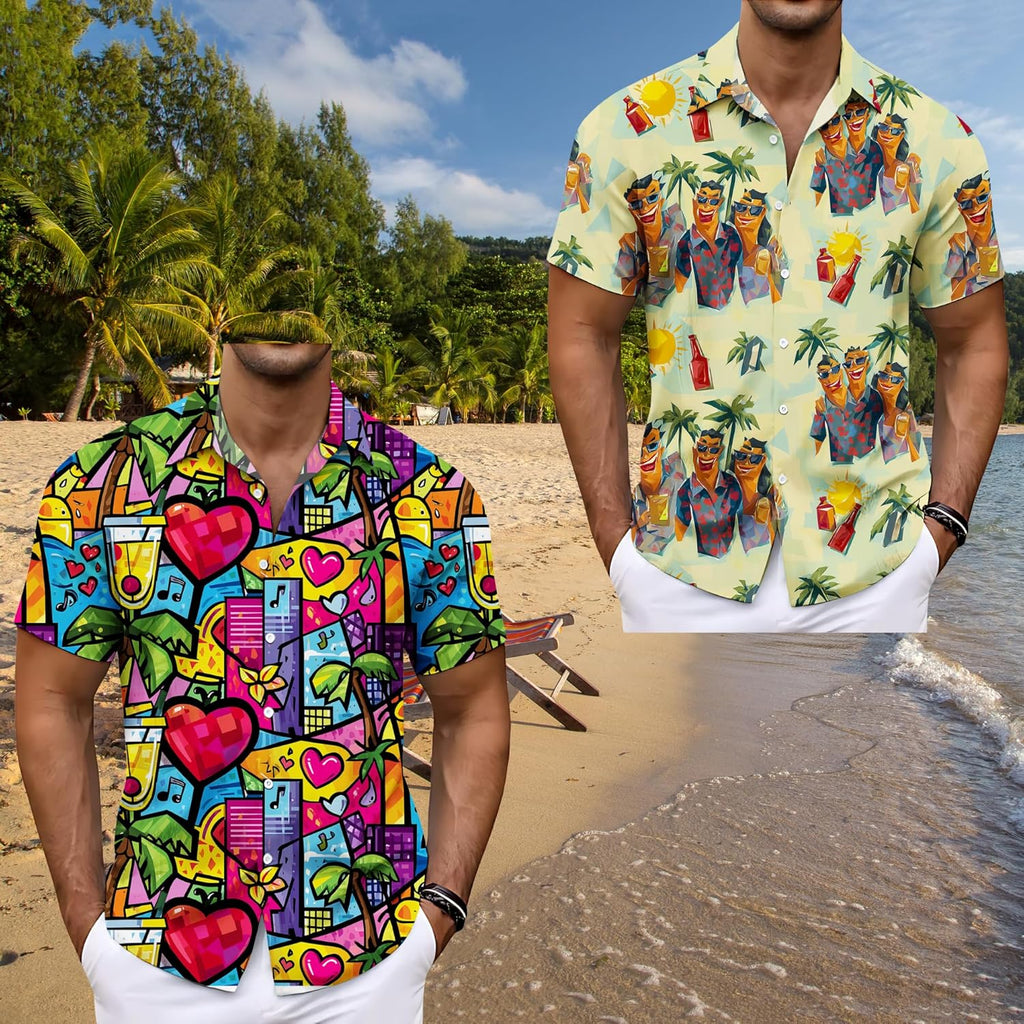 Mens Summer Shirts V Neck Beach Vacation Tops Short Sleeve Hawaiian Print Shirt for Men Funny Graphic Casual Hawaii Graphic
