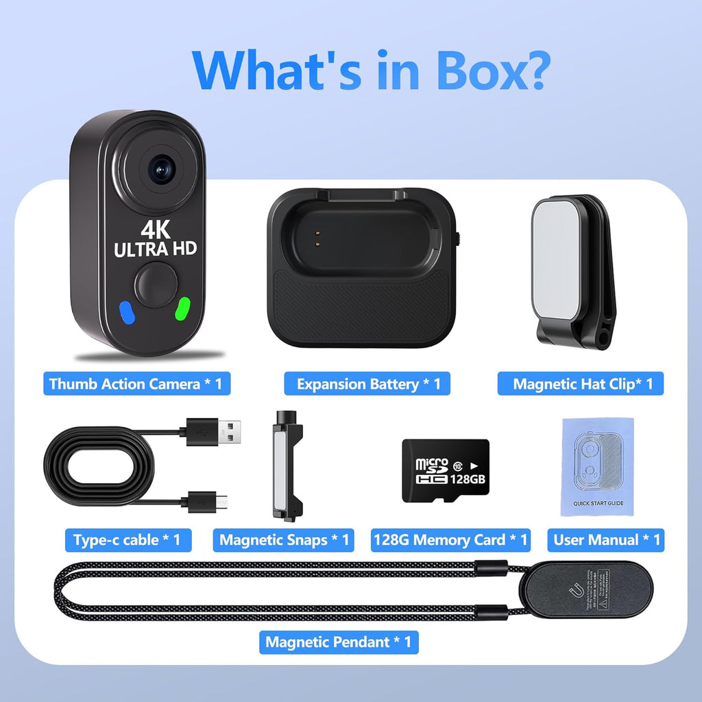 4K Mini Body Camera with 128GB Card,Thumb Action Cam with WiFi, 150° Wearable Hands-Free Chest Recording POV Camera - Magnetic Personal Clip On Camcorder for Cycling/Travel/Outoor/Work (Black)
