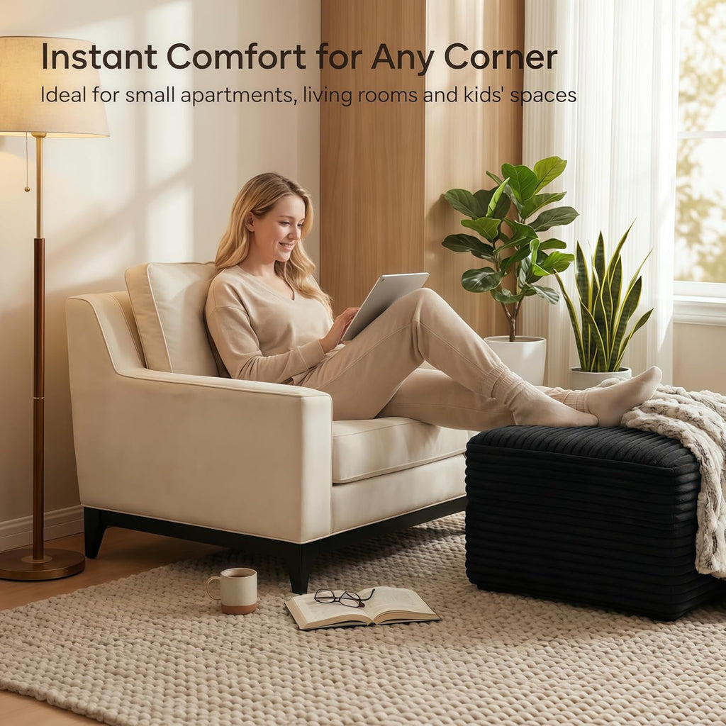 JINGLING 25.6 Inch Plush Corduroy Ottoman, Modular Sectional Foot Rest for Living Room, Upholstered Cloud Ottoman for Boneless Couch in a Box, Compressed Memory Foam, No Assembly Require, Black