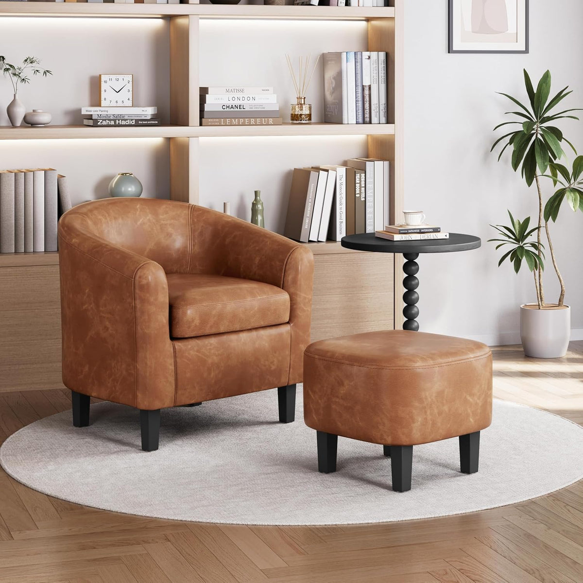 Yaheetech Accent Chair with Ottoman Footstool, PU Leather Modern Upholstered Soft Barrel Chair, Comfy Club Armchair and Footrest Set for Living Room/Bedroom/Reading Room/Guestroom, Brown