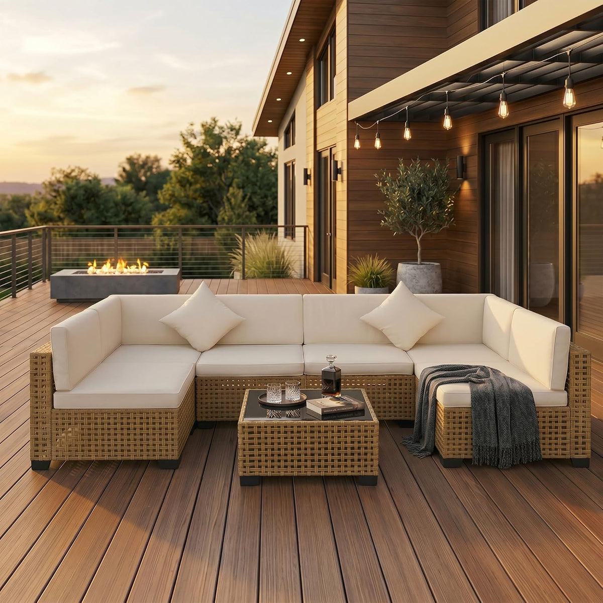 KIGOTY 7-Piece Patio Furniture Set, All-Weather PE Rattan Outdoor Sectional Sofa, Modular Wicker Conversation Set with Thick Cushions & Easy-Clean Coffee Table（Yellow/White）