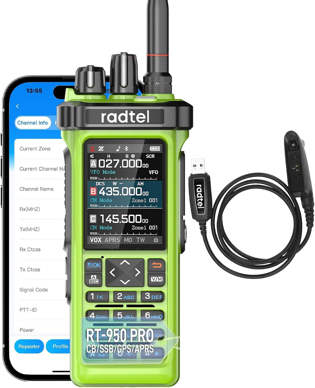 Radtel RT-950 PRO Ham Radio TX GPS/APRS, 10W Walkie Talkie Long Range Handheld Two Way Radio, AM/FM/CB/SW/MW/LW RX, Bluetooth APP Programming, NOAA, Spectrum Analyzer .Green (with Programming Cable)