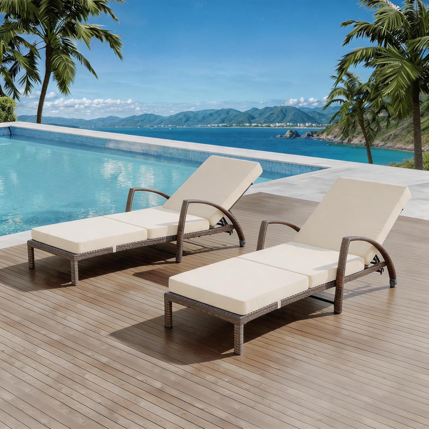 Garvee Outdoor Chaise Lounge Chairs Set of 2, PE Rattan Wicker Patio Lounge Chairs with 5-Position Adjustable Backrest, 3.5" Cushions & Wheels, 380 lbs Capacity Heavy Duty Pool Lounge Chair, Beige