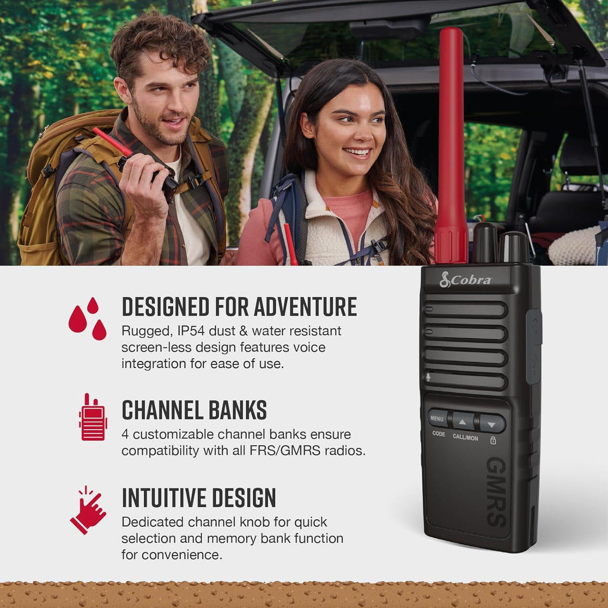 Cobra TrailBlazer 500 GMRS Radio (2-Pack) – IP54 Rugged No-Display Design, 2.5W Long Range Walkie Talkies, 16hr Battery, Swivel Holster, Programmable Software, Removable Antenna, Repeater Compatible