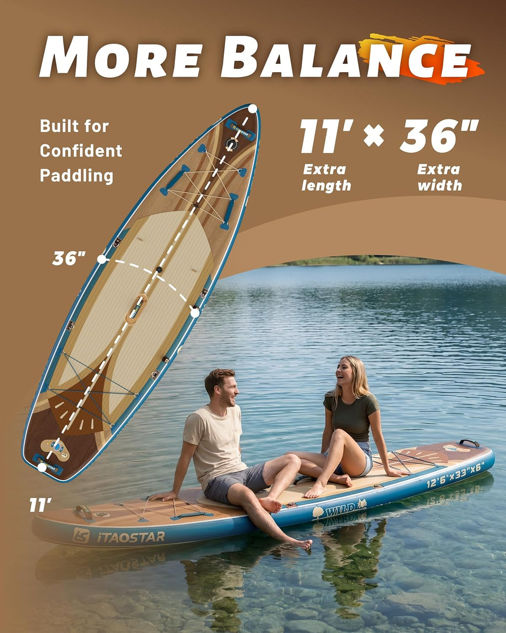 iTAOSTAR Wild 11'×36"/11'6"×34"/12'6"×33" Inflatable Paddle Board with Seat, One-Stop Premium SUP Board Gears, Tailored 5 Fins, Stable Inflatable Stand Up Paddle Boards for Youth/Adults of All Levels