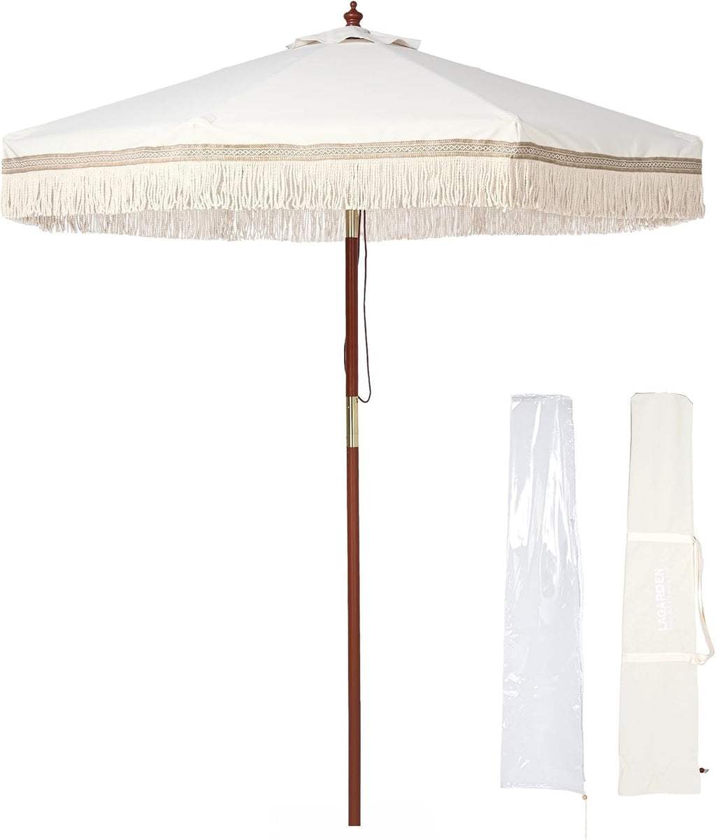 LAGarden Boho Market Wood Fringe Patio Umbrella with Carry Bag Tassels for Outdoor Event Garden Yard House Wedding Party Deck Poolside Sun Shade Parasol