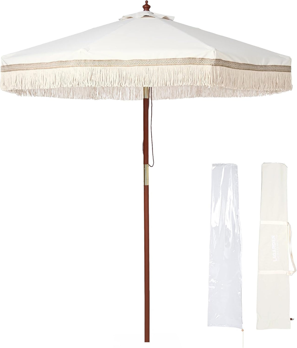 LAGarden Boho Market Wood Fringe Patio Umbrella with Carry Bag Tassels for Outdoor Event Garden Yard House Wedding Party Deck Poolside Sun Shade Parasol