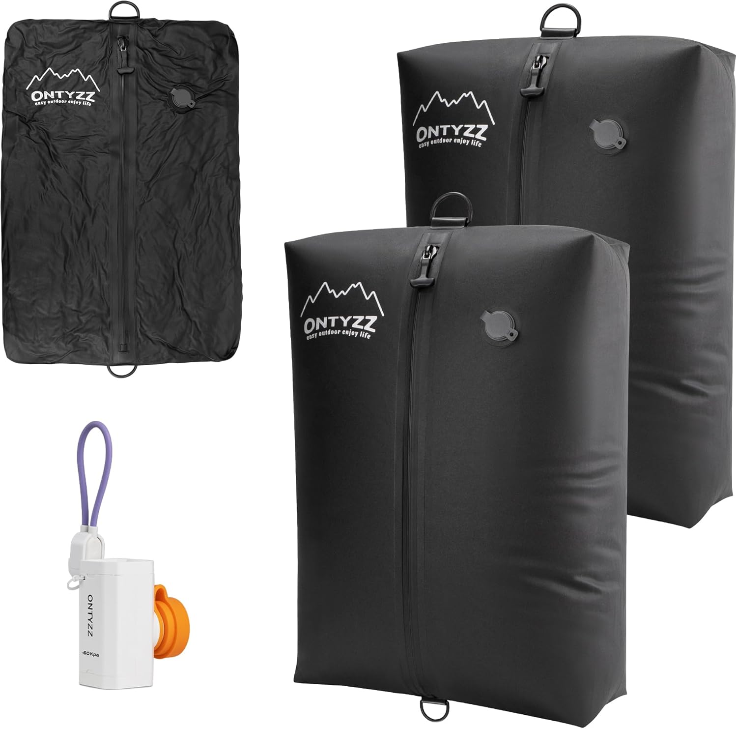 ONTYZZ Vacuum Bags for Travel, IPX8 Waterproof Space Saver Vacpack, GRS Certified Recycled Compression Bag with Pump (2PC Dark Black)