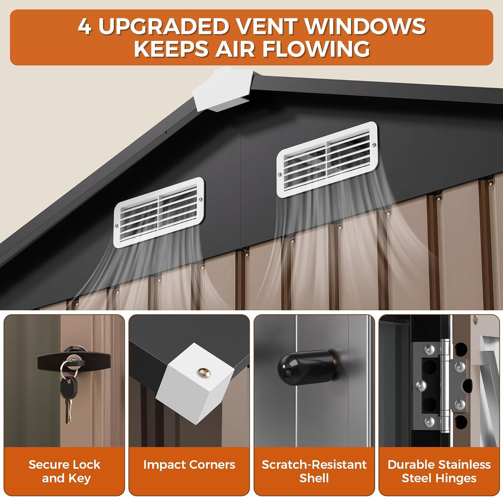 IRONCK 10x8.2 FT Storage Shed with Clear Window, Outdoor Tool Shed with Lockable Doors and Breathable Ventilation, Metal Garden Storage with 9.5x8 FT Base for Generators/Bikes/Wheelbarrows, Brown