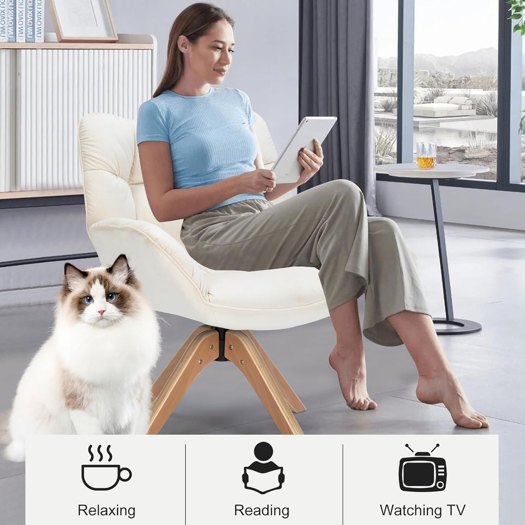 Mid Century Accent Chair, 360° Swivel Fabric Desk Chair, Modern Cozy Vanity Chair No Wheel Wood Legs Upholstered Single Armchair for Living Room Bedroom Office Dining Room (Beige)