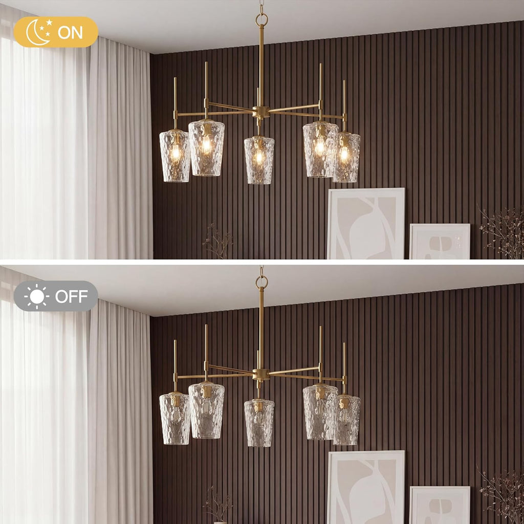 Tribesigns Modern Gold Chandelier with Water Ripple Wine Glass Shades, 5-Light Pendant Light with Adjustable Height for Dining Room, Kitchen Island, Living Room, E12 Base
