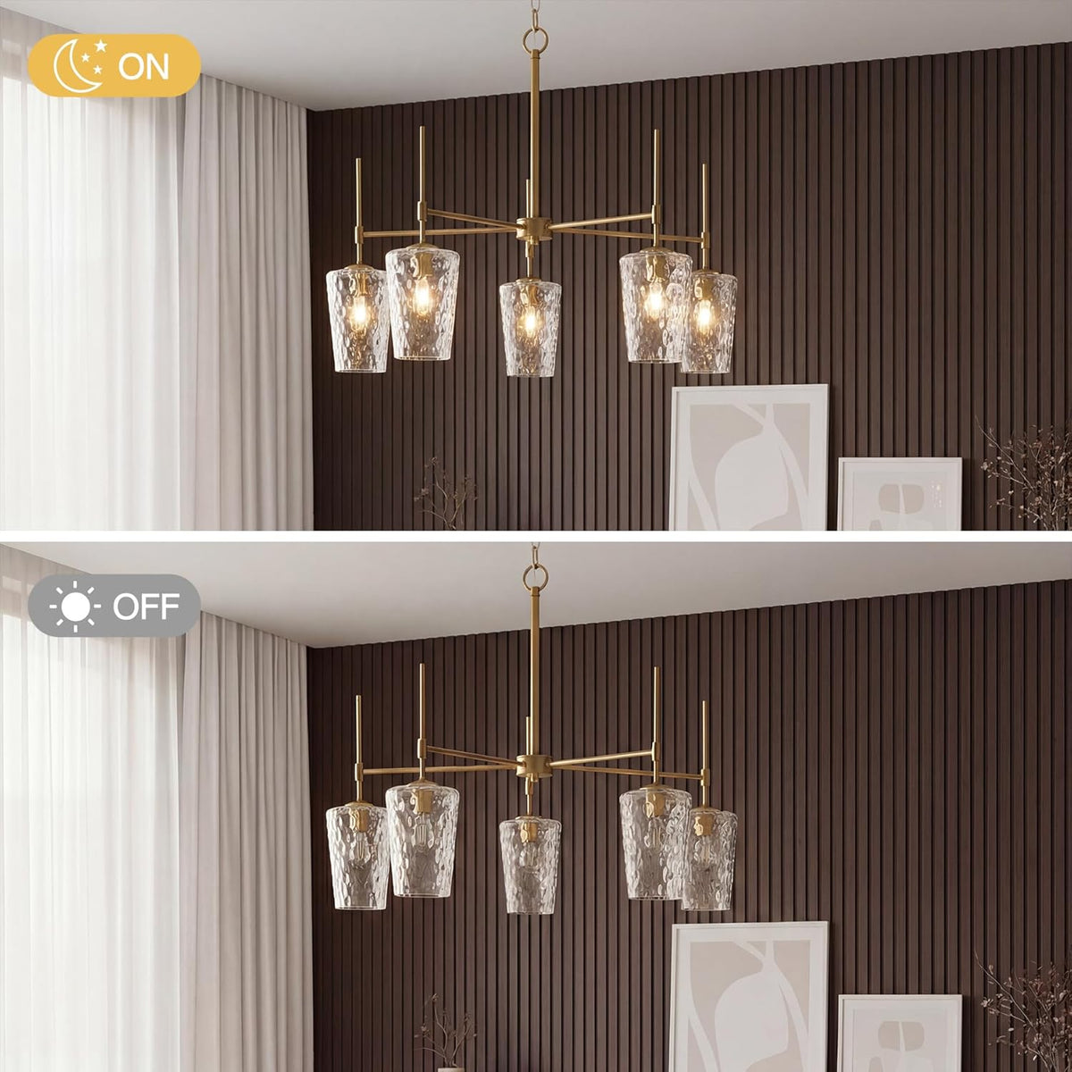 Tribesigns Modern Gold Chandelier with Water Ripple Wine Glass Shades, 5-Light Pendant Light with Adjustable Height for Dining Room, Kitchen Island, Living Room, E12 Base