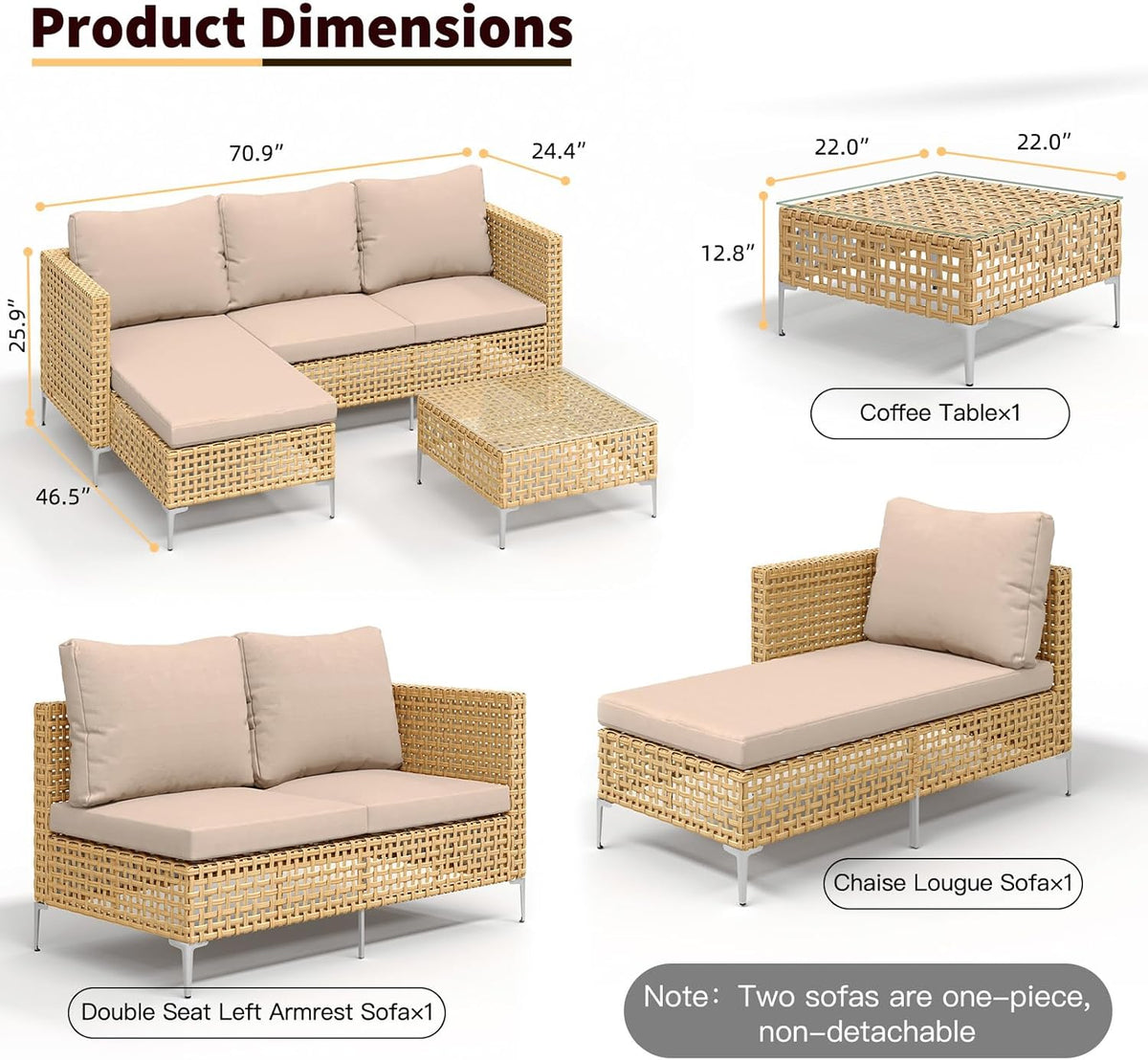 3-Piece L-Shaped Patio Furniture Set - Weather Resistant Wicker Sectional Sofa with Thick Cushions & Coffee Table for Small Spaces (Yellow/Beige)