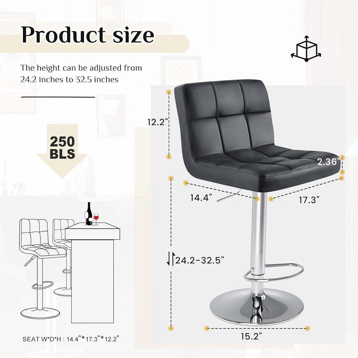 DUMOS Bar Stools Set of 4, 24 inch Counter Height Bar Stools, Upholstered Modern Kitchen Barstools with Metal Base, PU Leather Saddle Stools for Kitchen Island, Inky Black