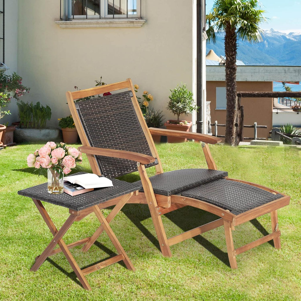 Tangkula Patio Lounge Chair and Side Table Set of 2, Acacia Wood Wicker Folding Table and Armrest Chair with Retractable Ottoman, Acacia Wood Outdoor Chaise Lounger for Garden, Backyard, Poolside (2)