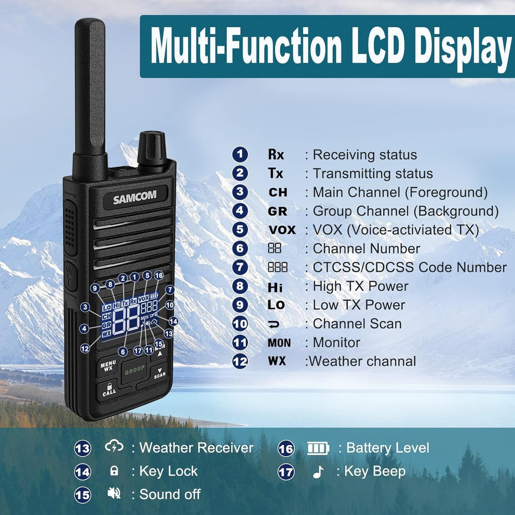 SAMCOM T2 GMRS Radio 2W Long Range Walkie Talkie NOAA Weather Rechargeable Heavy Duty Two Way Radio,Group Call Radios Walkie-talkies with Earpiece, USB-C Charger, Flashlight,4 Packs