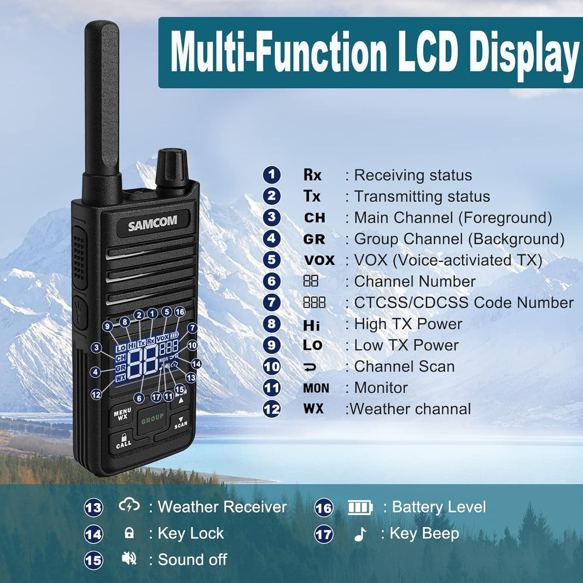 SAMCOM T2 GMRS Radio 2W Long Range Walkie Talkie NOAA Weather Rechargeable Heavy Duty Two Way Radio,Group Call Radios Walkie-talkies with Earpiece, USB-C Charger, Flashlight,4 Packs