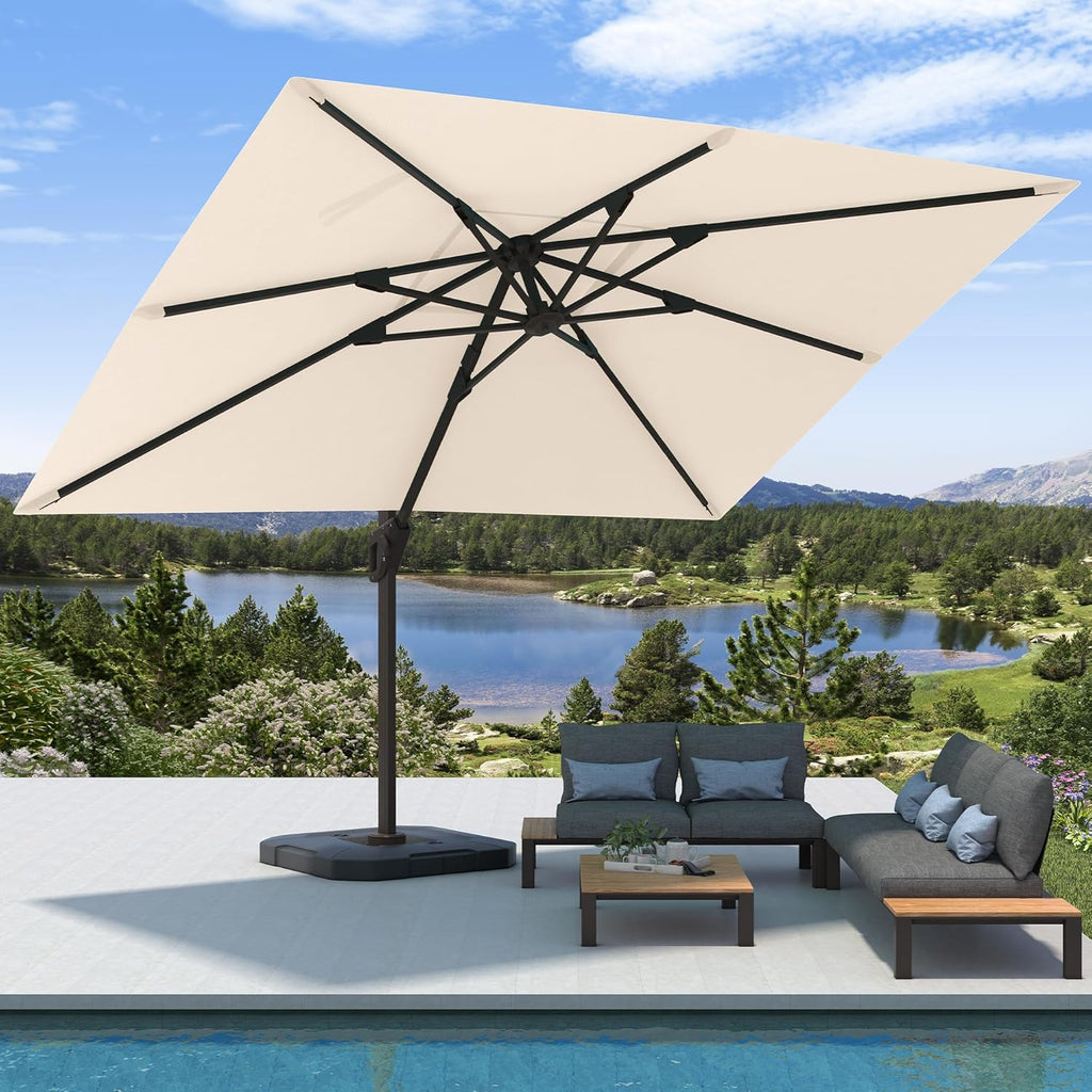 9' X 12' Cantilever Patio Umbrella with Base Included Rectangular Outdoor Large Offset Umbrellas with 7 Tilts Adjustable 360°Rotation for Deck Pool Garden Backyard, Beige