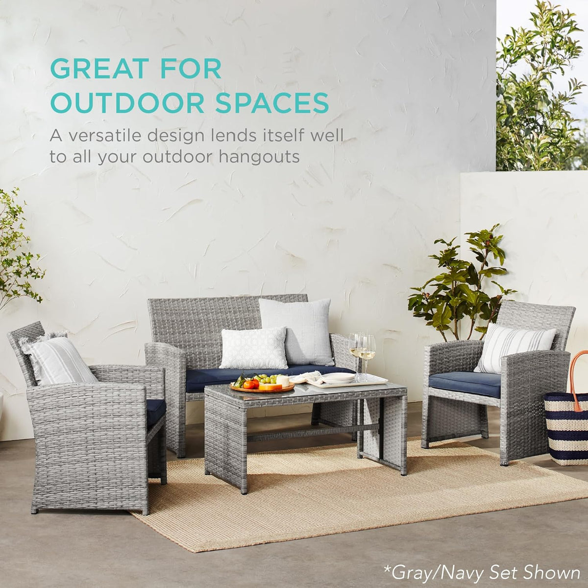 Best Choice Products 4-Piece Outdoor Wicker Patio Conversation Furniture Set for Backyard w/Coffee Table, Seat Cushions - Brown/Navy