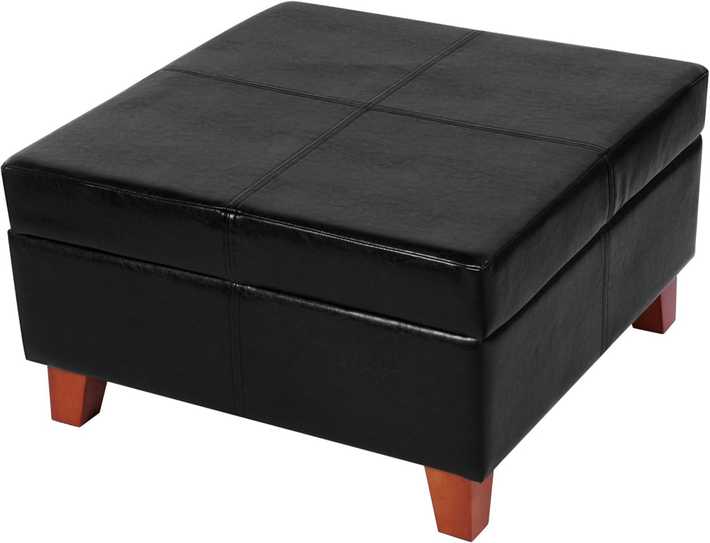 HomePop Faux Leather Square Storage Ottoman with Wood Legs, Black