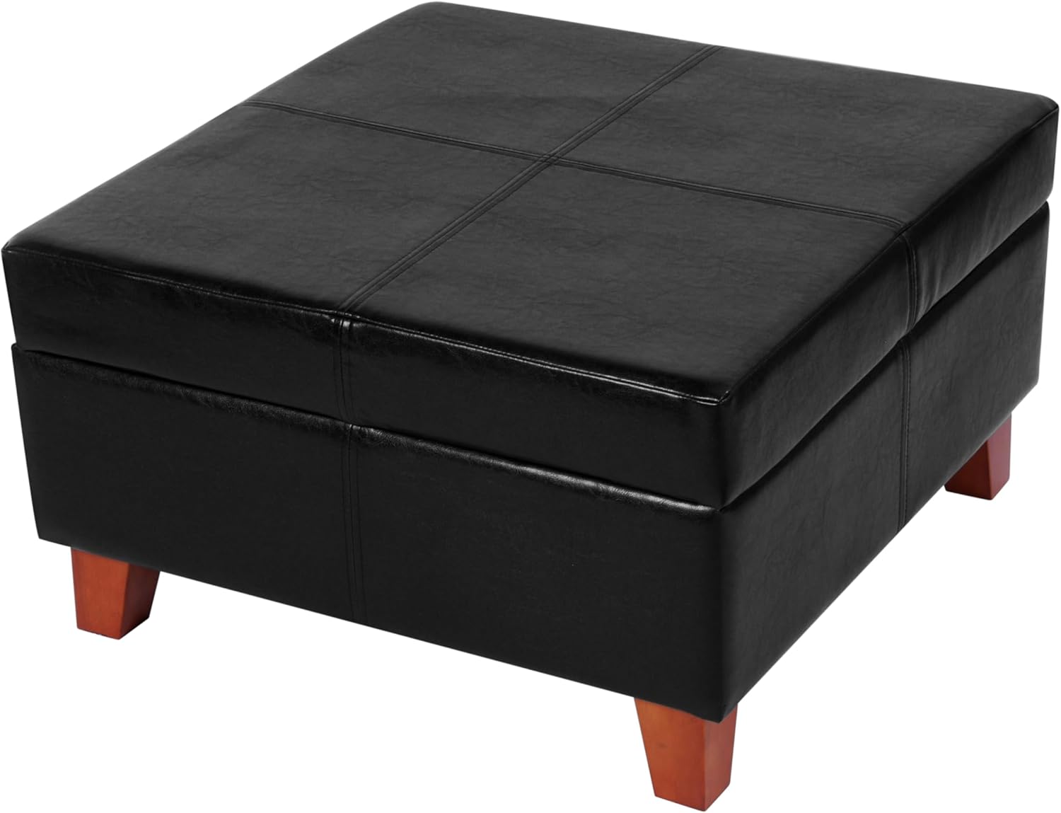 HomePop Faux Leather Square Storage Ottoman with Wood Legs, Black
