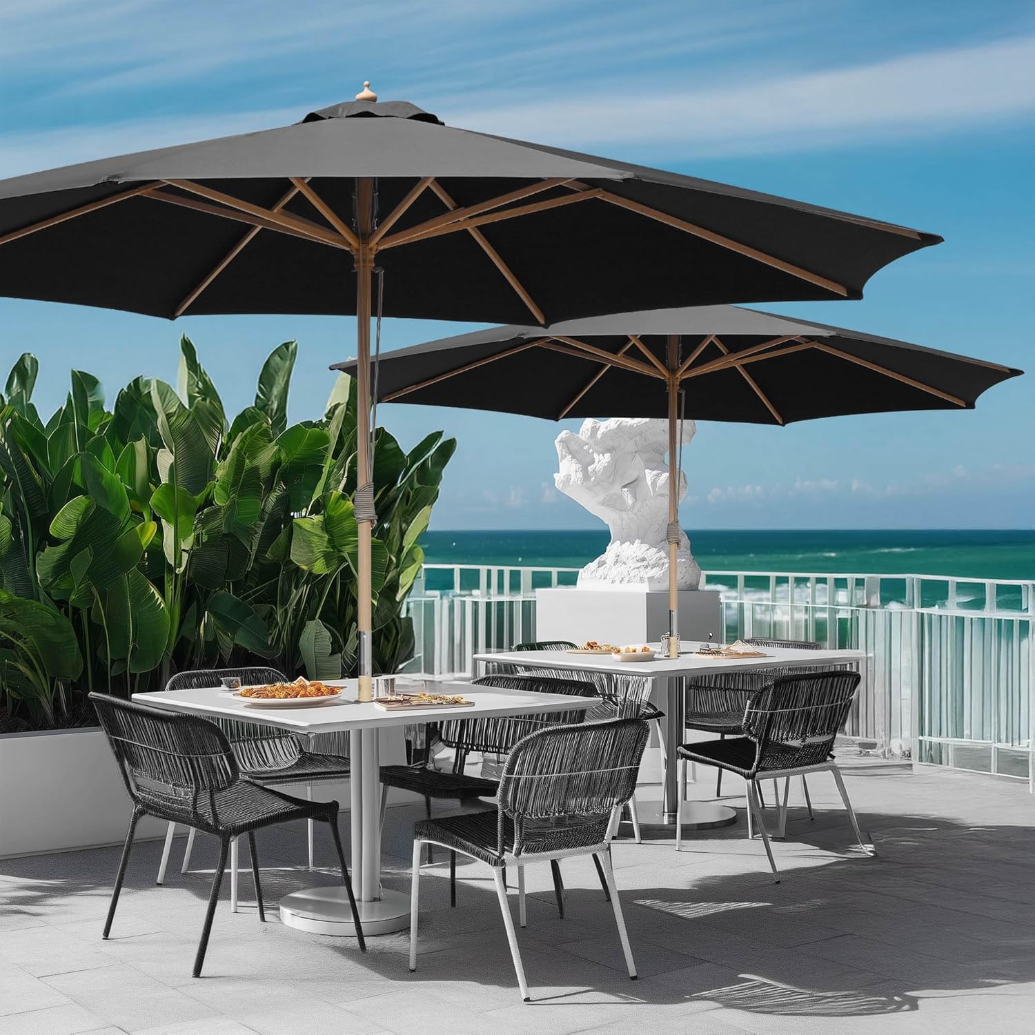 Yescom 13ft Coastal Solid Beech Wood Umbrella Pulley Lift Commercial Base with Wheel Included for Beach Club Seaside Restaurant Terrace Resort Poolside