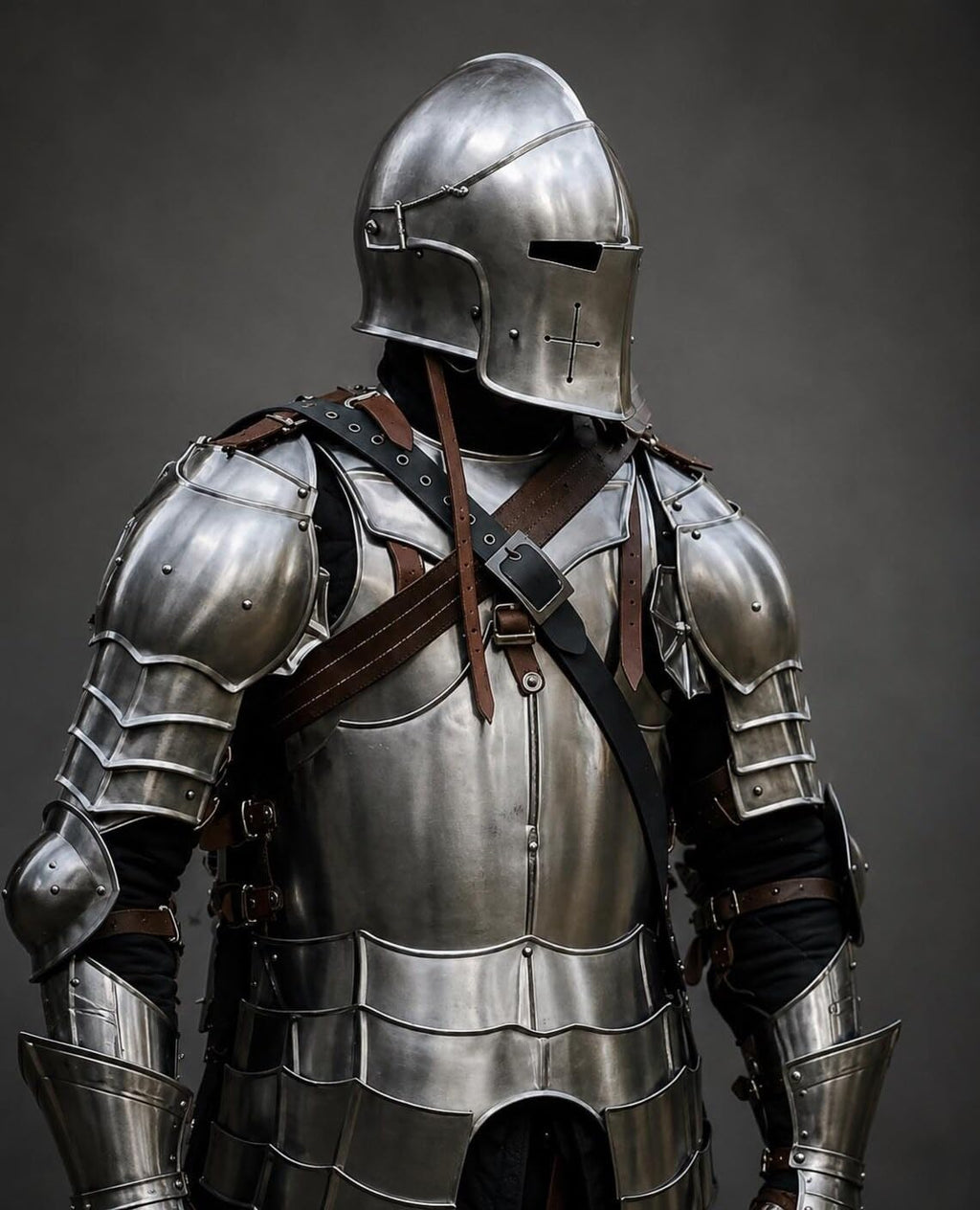 Medieval Steel Full Suit of Armor with Barbuta Helmet - Wearable 18 Gauge Steel Silver Costume Set for LARP, Theater, Cosplay, and Halloween (Full Body)