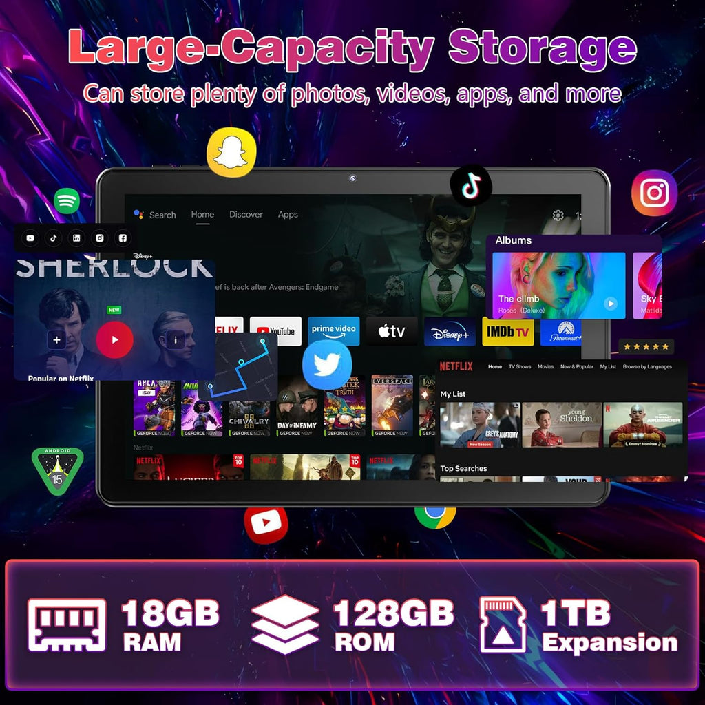Android Tablet 10 Inch with Octa-Core Processor, 18GB RAM 128GB ROM 1TB Expandable, 1280x800 HD IPS Display, 6000mAh 7H Battery, Widevine L1, GPS, 5G WiFi, BT5.0, 5MP+8MP Dual Camera