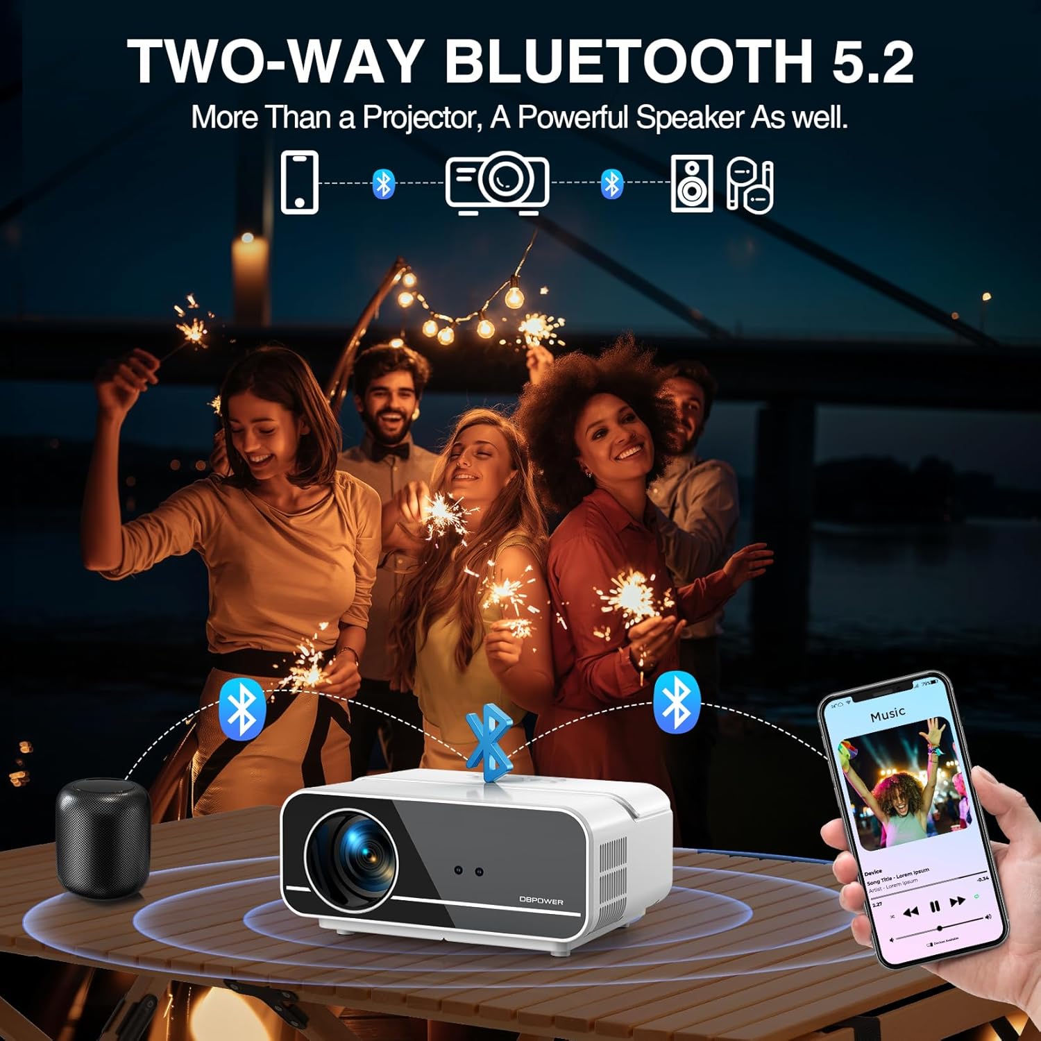 Auto Focus/4K Support Projector with WiFi and Bluetooth, Native 1080P Outdoor Movie Projector with Auto Focus/4P6D Keystone/50% Zoom/PPT, DBPOWER Portable Projector for iOS/Android/TV Stick