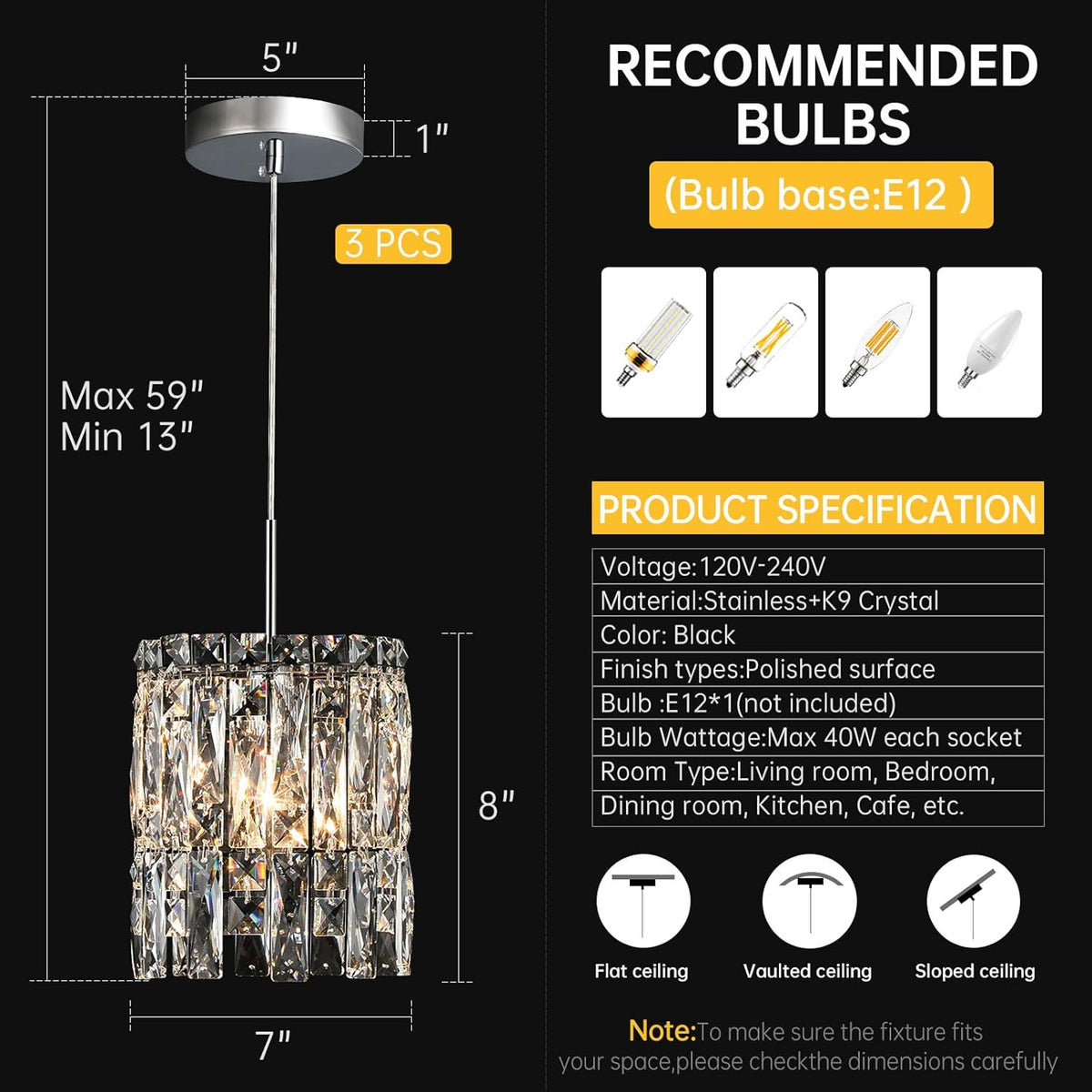 Modern K9 Crystal Pendant Lights Kitchen Island Set of 3,Chrome Chandeliers for Dining Room Light Fixtures Over Table,Hanging Lighting for Kitchen Island Entryway Bathroom BedHead Bedroom