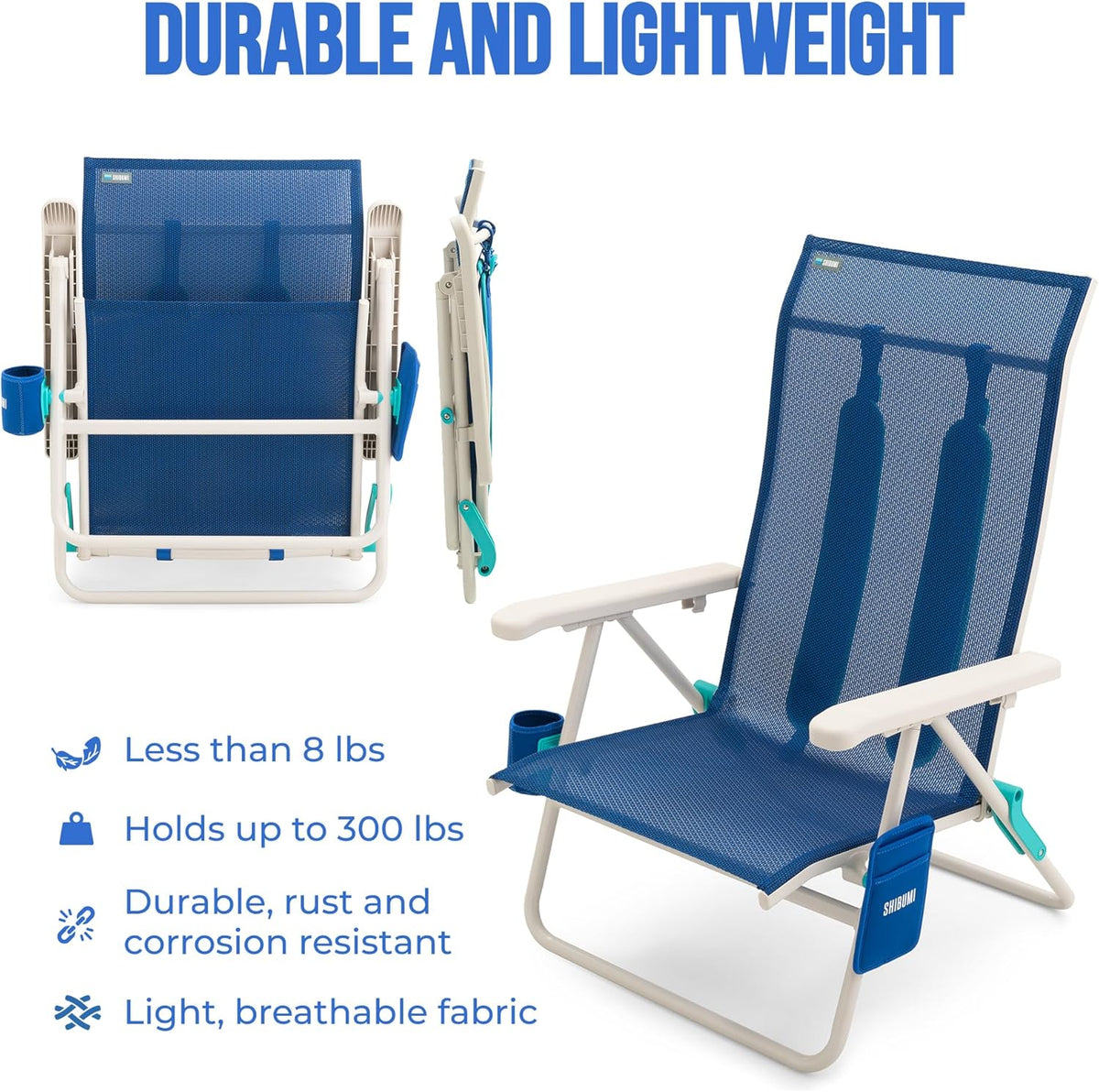 Shibumi Shade | Portable Beach Chair for Adults | Anti-Rust Marine Grade Frame | 300lb Capacity | Padded Backpack Straps | Weighs 8 Pounds | Breathable Fabric