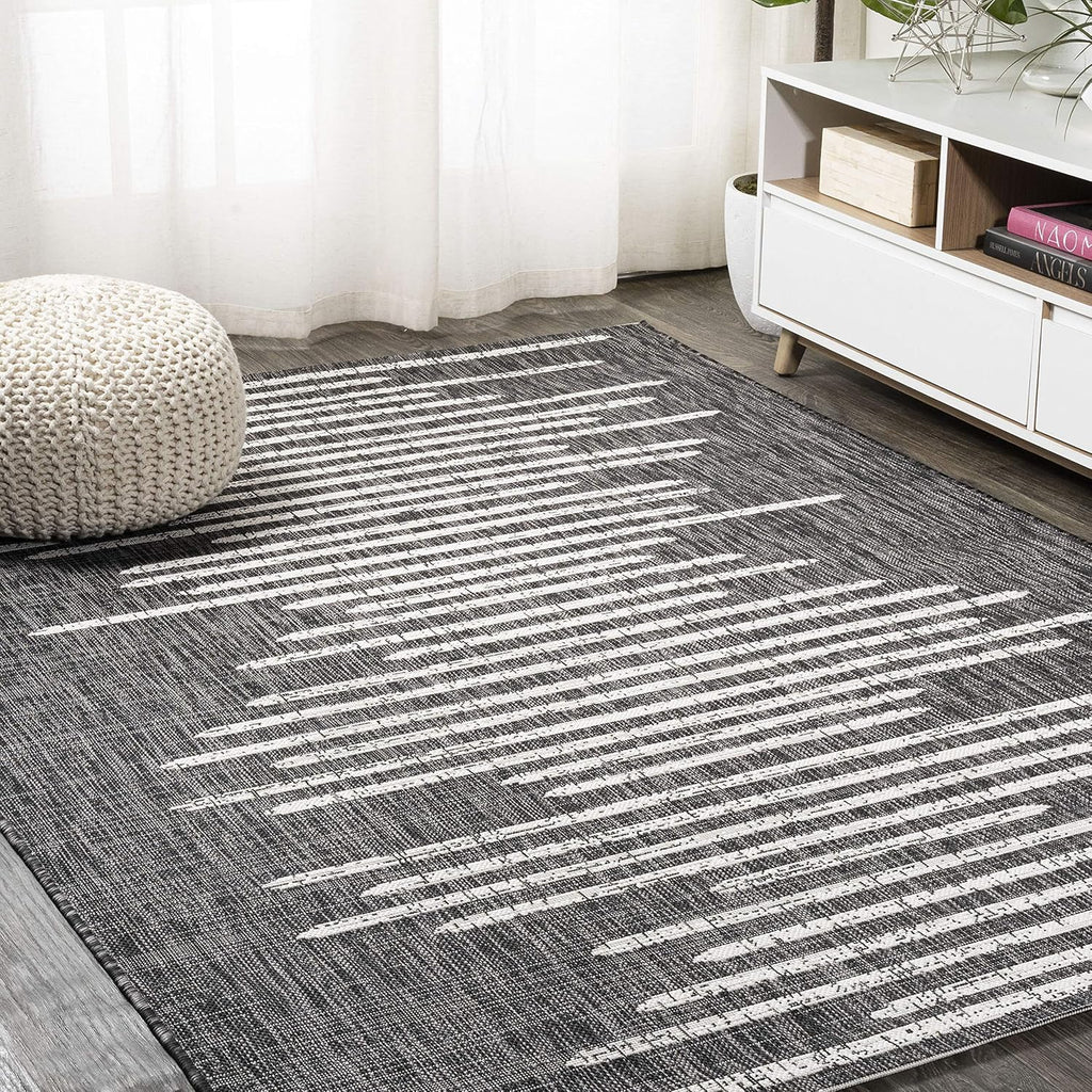 JONATHAN Y Stripe Geometric Indoor Outdoor Area Rug 8X10 Black/Ivory, Zolak Berber for Backyard, Patio, Porch, Easy-Cleaning, High Traffic, Pet-Friendly, Non-Shedding (SMB124E-8)