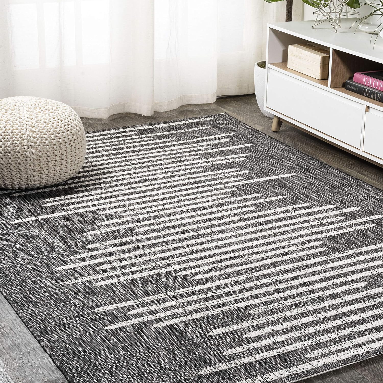 JONATHAN Y Stripe Geometric Indoor Outdoor Area Rug 8X10 Black/Ivory, Zolak Berber for Backyard, Patio, Porch, Easy-Cleaning, High Traffic, Pet-Friendly, Non-Shedding (SMB124E-8)