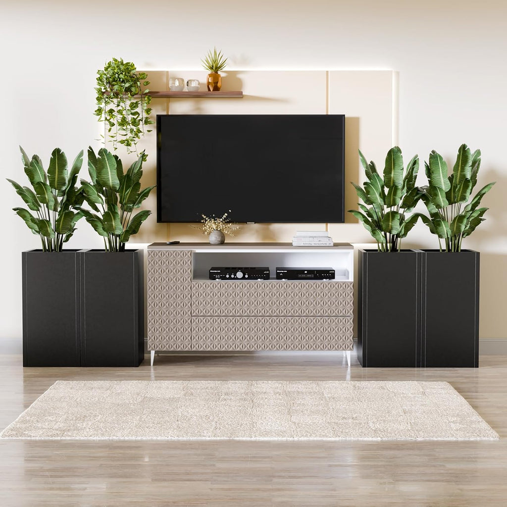 Tall Metal Planters Box for Outdoor Plants 2 Pack- 23.6" Modern Steel Tall Square Planter with Removable Insert Shelf, Heavy Duty Pedestal Planter Front Porch Decor Patio Garden, Black