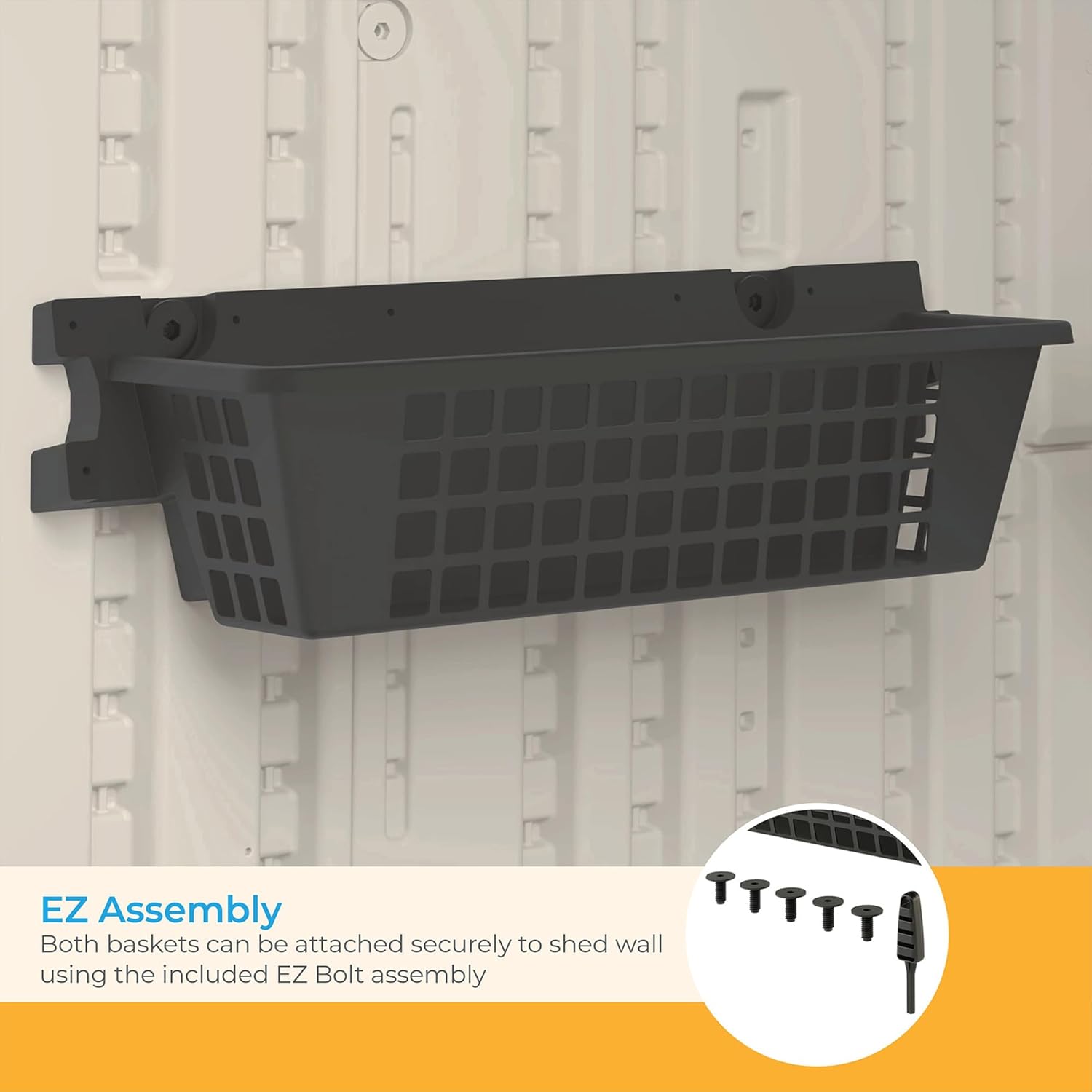 Suncast 4 Pack Accessory Baskets, Resin Organizers for Shed, Black, 25" x 7.25" x 7" - Outdoor Storage, 30 lb Weight Capacity, EZ Bolt Wall-Mount