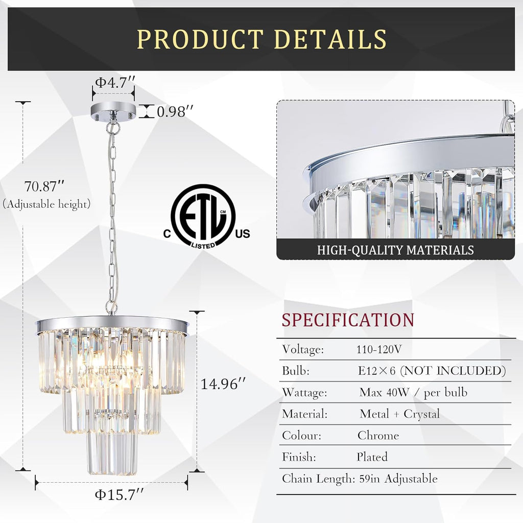 CATINER Modern Chrome Crystal Chandeliers 16" Small Pendant Light Luxury 3 Tiers 6-Light K9 Crystal Ceiling Pendant Round Light Fixture for Dining Room Entryway Kitchen Bedroom Closet