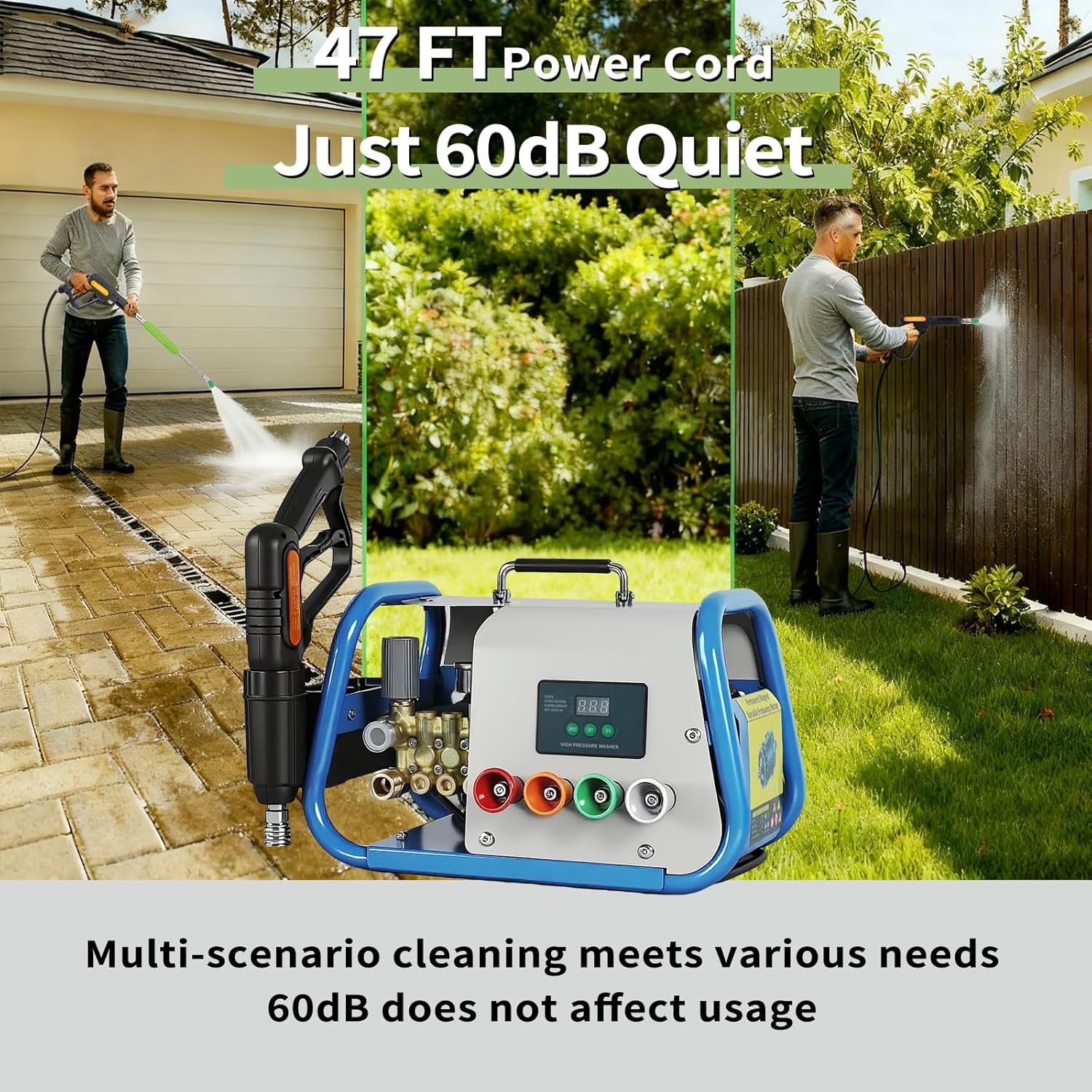 Yoking Pressure Washer, Max 150 bar, 12L/min, Power Washer for Cars, Driveways, Patios, Decks & Sidewalks, PM Inverter 3HP Motor,Horizontal Triplex Pump,60dB Quiet,with 7 Nozzles,Dual Wall/Floor Mount