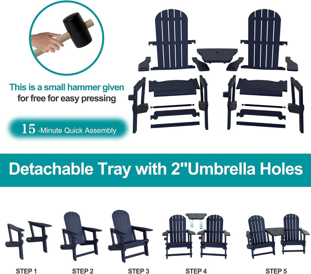 JY QAQA Outdoor Adirondack Chair Set of 2, All-Weather HDPE Patio Furniture with Detachable Table, Wood Texture & Cup Holder for Patio, Poolside, Garden, Dark Blue