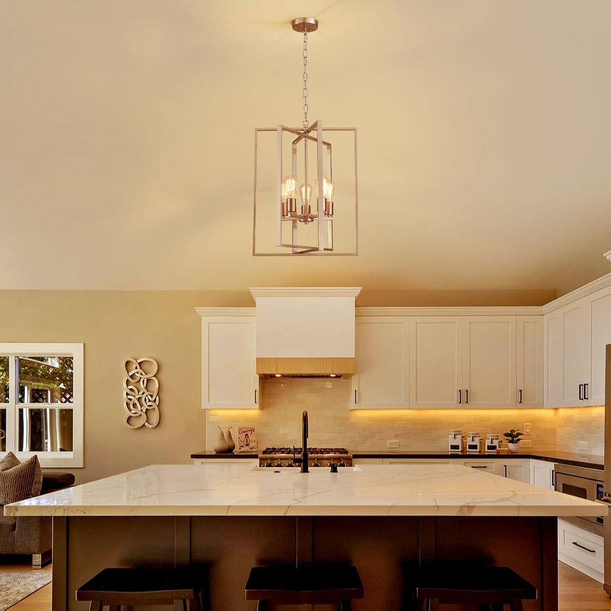Brushed Nickel Chandelier 5-Light, Dining Room Light Fixture Geometric Metal Modern Pendant Lighting for Kitchen Island Living Room Entryway Bedroom, 18 Inch Hanging Ceiling Lamp