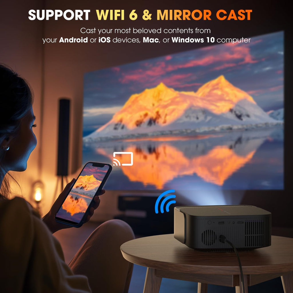 386+ Built-in Apps DBPOWER E2 Smart Projector with WiFi and Bluetooth, Native 1080P Mini Projector Compatible with Netflix, Youtube, D+, Hulu, Max & Crunchyroll, Electric Focus & Carry Case