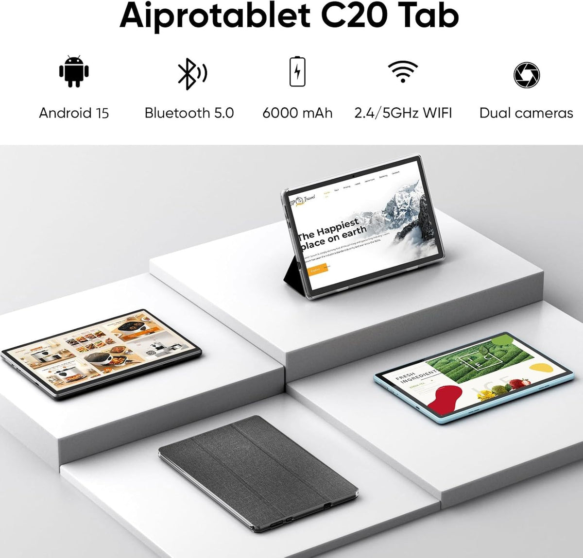 aiprotablet Tablet 10 inch Android 15 Tablets, 12GB RAM 64GB ROM 1TB Expand, Quad-Core Processor, 1280x800 LCD Touch Screen, WiFi 5, Dual Camera, BT5.0, 6000mAh Battery (Black)