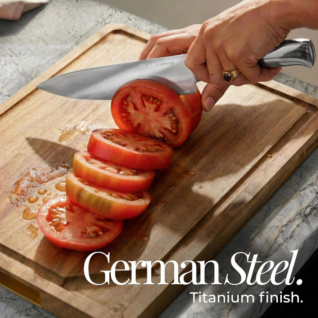 German Stainless Steel Kitchen Knife Block Set with Built-in Sharpener - 2-in-one Space Saving Magnetic Countertop and Knife Drawer Organizer with Stainless Steel Knives, Ideal Gift