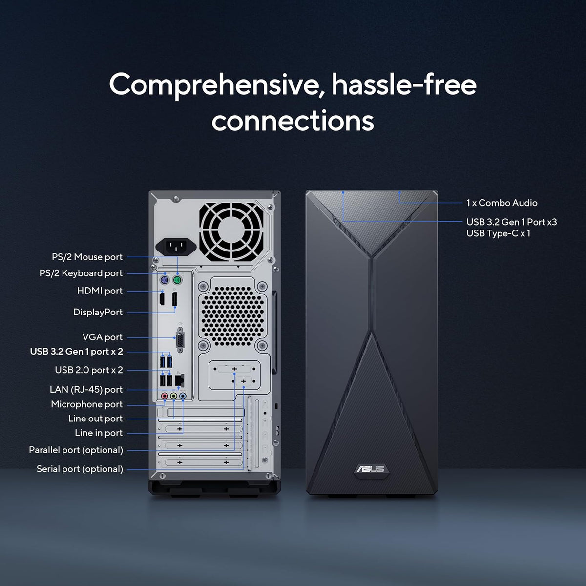 ASUS S501MER Desktop PC, Intel® Core™ i7-14700, 16GB DDR5 RAM, 1TB PCIe® SSD, Wi-Fi 6E, Windows 11 Home, Black, S501MER-DS704