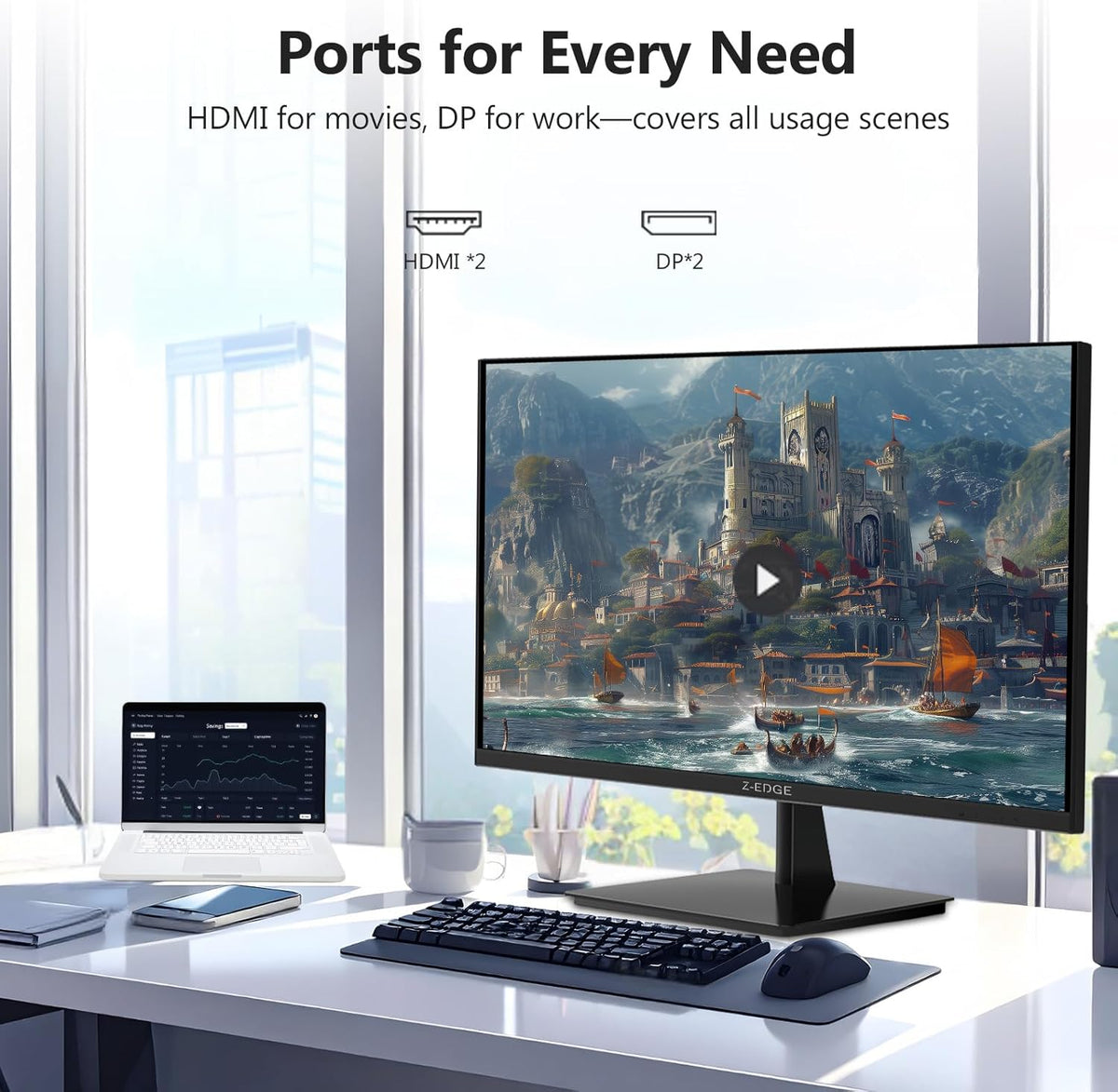 Z-Edge U27P4K 27-inch 4K Monitor IPS Ultra HD 3840x2160, 60Hz Refresh Rate, PC Monitor Gaming, 100% sRGB, HDMI x 2 and DP x 2