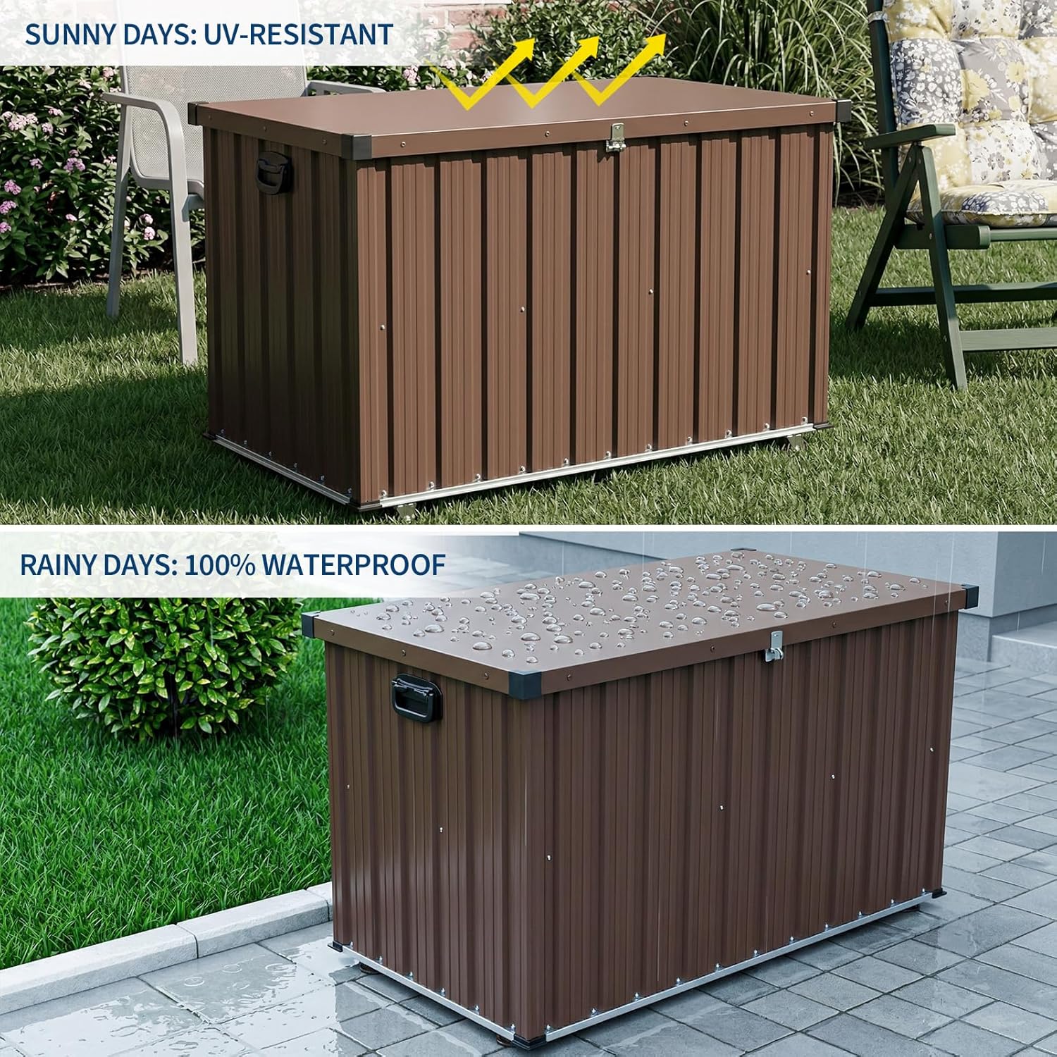 Metal Deck Box 150 Gallon Waterproof Patio Storage Container, Metal Outdoor Storage Box with 0.6 mm Galvanized Steel and 0.3 mm Coated Steel Panels, Large Bin with Wheels for Deck, Porch, Pools